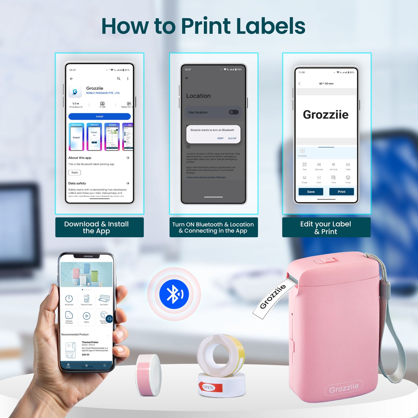 Mini Thermal Label Printer, Portable Bluetooth Thermal Tape Label Printer | Price Tag, Sticker Printer for Android