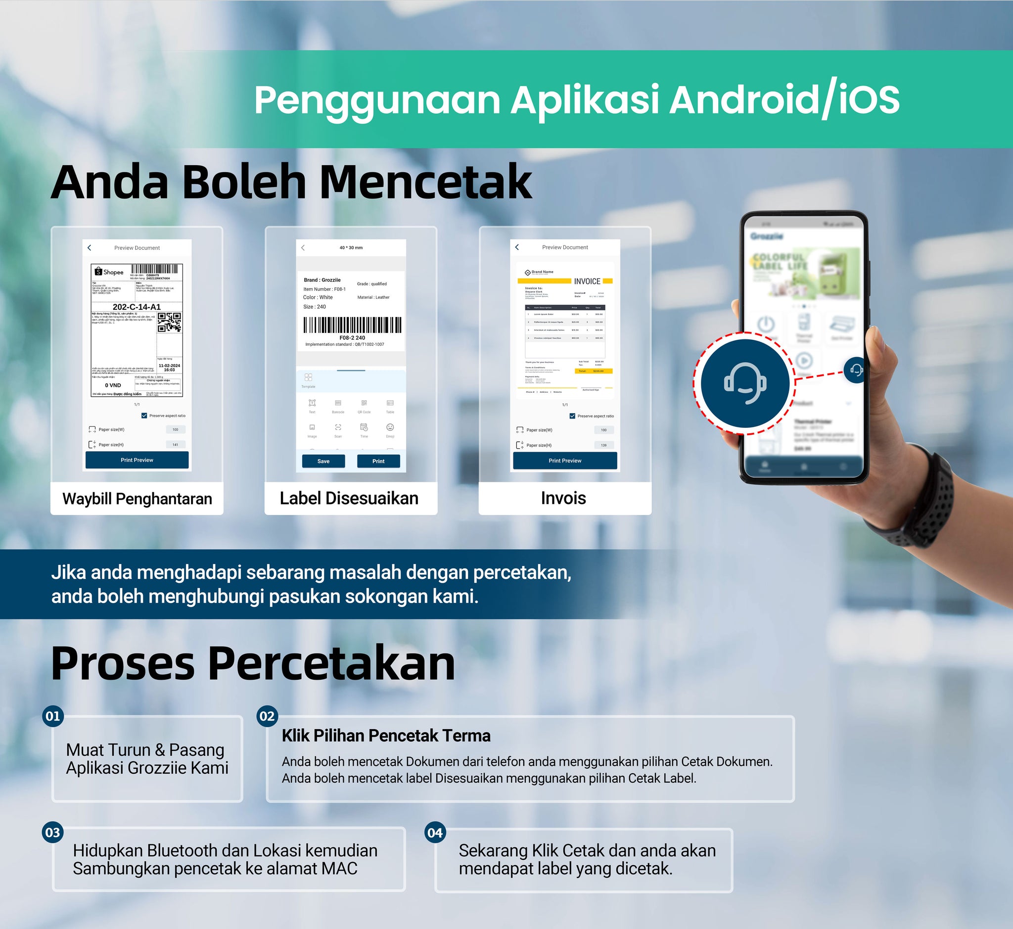 Pencetak Label Thermal, Pencetak Mini Label Bluetooth | Pencetak Pelekat untuk Android/i0S/Windows/Chrom0S