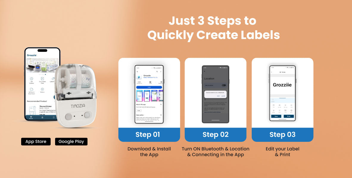 Pencetak Label Thermal, Pencetak Mini Label Bluetooth | Pencetak Pelekat untuk Android/i0S/Windows/Chrom0S