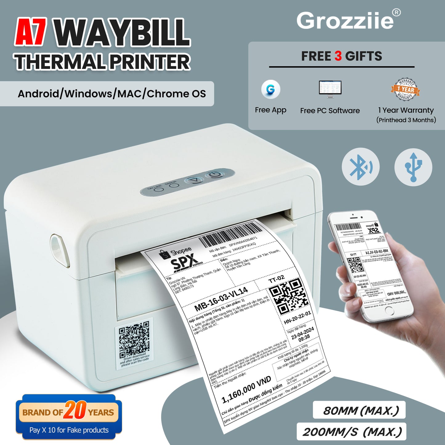 Thermal Printer Bluetooth Waybill Barcode Shipping Label Consignment Note Bluetooth Printer